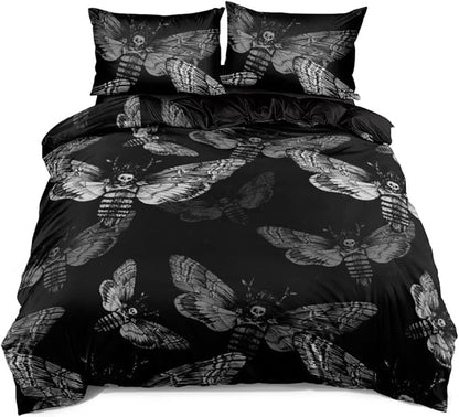 Death Skull Duvet Cover Set Twin Size Gothic Bedding Set Skull Moth Comforter Cover Teens Skeleton Bones Black Bed Set