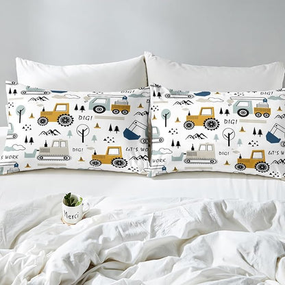 Feelyou Cartoon Car Kids Comforter Set Construction Bedding Set for Boys Toddler Decor Equipment Trucks Comforter Cartoon Car Excavator Tractor White Yellow Duvet Set 2Pcs Twin with 1 Pillow Case