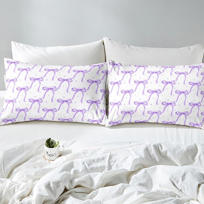 Cartoon Bowknot Girls Duvet Cover Set Queen Size Kids Bow Tie Princess Bedding Sets 3Pcs for Child Girly Woman Room Decor, Butterfly Knot Quilt Cover with 2 Pillowcases (No Comforter) Purple