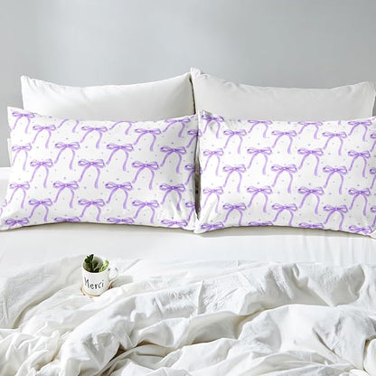 Cartoon Bowknot Girls Duvet Cover Set Queen Size Kids Bow Tie Princess Bedding Sets 3Pcs for Child Girly Woman Room Decor, Butterfly Knot Quilt Cover with 2 Pillowcases (No Comforter) Purple