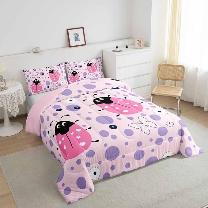 Castle Fairy Cute Ladybug Bedding Set Queen Size Funny Polka Dots Geometric Comforter for Child Teens Cartoon Butterfly Animal Down Comforter Heart Print Duvet Insert with 2 Pillowcases