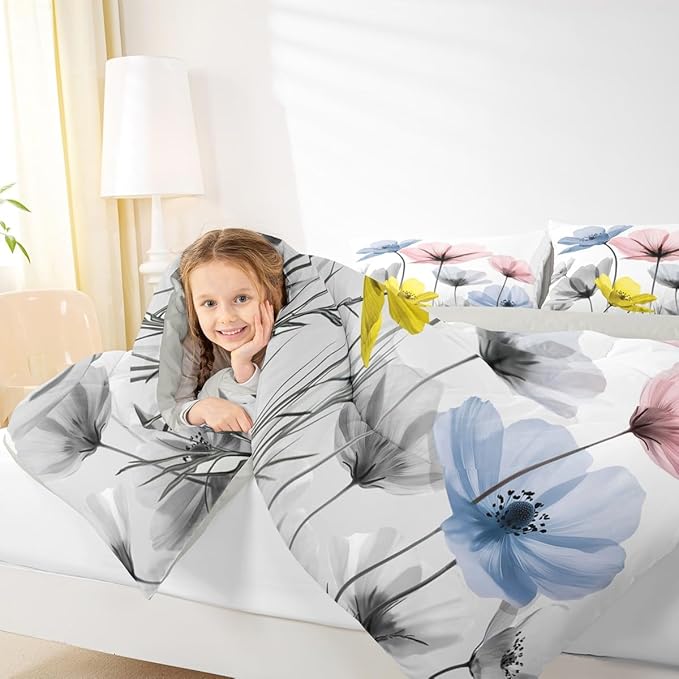 Erosebridal Cute Colorful Floral Full Comforter Set,Pink Blue Gray Flower Bedding Sets for Kids Girls Boys,Boho Flowers Wildflower Bed Set Country Room Decor with 2 Pillowcases,Breathable