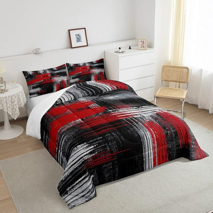 Feelyou Red Black and Grey Comforter Geometric Artistic Smear Comforter Set Abstract Graffiti Art Bedding Set Contemporary Modern Brush Design Duvet Set Room Decor Quilt Set King Size