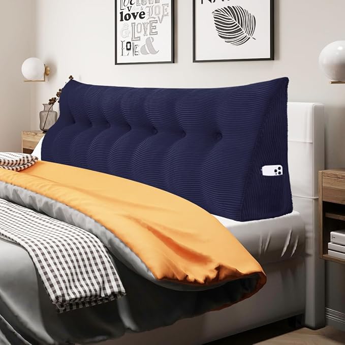 WOWMAX Headboard Wedge Pillow King Triangular Headboard Pillow Bed Wedge Pillow for Headboard Bolster Pillow for Bed Wedge Pillow Headboard Daybed Pillows, Corduroy(100% Cotton), Deep Blue