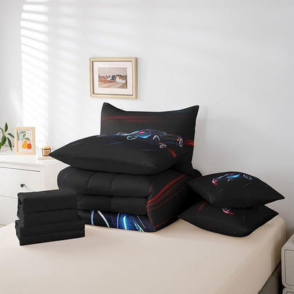 Feelyou Red Blue Race Car 7 Piece Bedding Set Queen Size for Kids Boys Extreme Sport Games Comforter Set with Sheets Teens Toddler Fast and Furious Bed in a Bag Cool Modern Bed Set