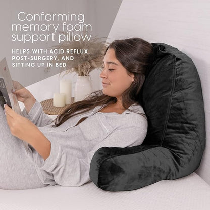 Milliard Reading Pillow with Arms, Black, Cozy Shredded Memory Foam Back Pillow for Bed Sitting Up - Sit Up Backrest Support for Reading & Rest Bed - Washable Cover, Adjustable Comfort, CertiPUR