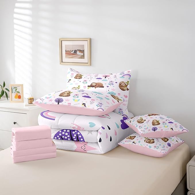 Erosebridal Kids Floral Sloth 7 Piece Bedding Sets Cartoon Animal Comforter Bed in a Bag Cute Flower Printed Quilt with Sheet Set,for Children Boy Girl Teen Kids Bedroom Decor,Queen 7Pcs
