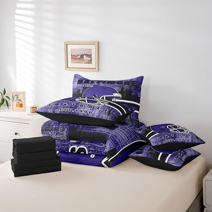 Erosebridal Rugby Football Bed in A Bag Sports Helmet Bedding Set for Boys Girls Women Men Football Silhouette Rugby Decor Comforter Sets with Sheets King Size 7Pcs