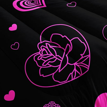 Heart Comforter Set Pink Rose Printed Bedding Set with 1 Comforter and 2 Pillowcases for Boys and Girls Bedroom All Season(Love Queen)