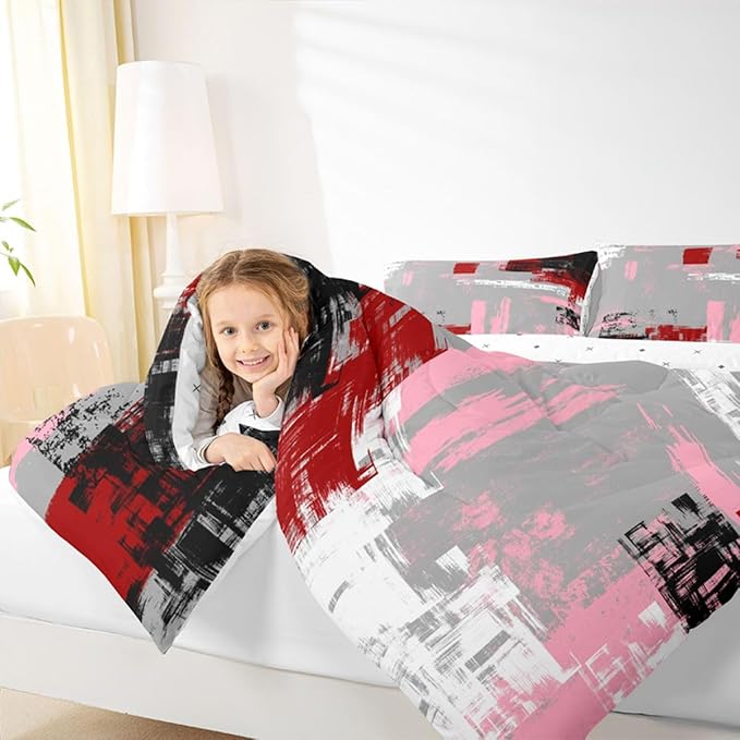 Feelyou Abstract Bedding Set Kids Modern Abstract Art Comforter Set Red Grey Pink Black Comforter for Boys Room Decor Lightweight Retro Duvet Set King Size with 2 Pillow Case