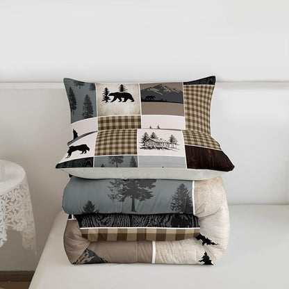 Bear Deer Comforter Set Queen Size,Brown Geometric Check Patchwork Bedding Set Wild Animals Hunt Adventure Quilted Duvet Boys Girls Men Teens Bedroom Decor Rustic Country Cabin Duvet Insert 3pcs
