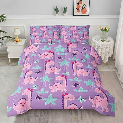 Axolotl Purple Dinosaur Comforter Set King Size,Cute Dinosaur Girls Bedding,Cartoon Dinosaurs Bedding Set for Girls Teens,Kawaii Dino Animal Kids Comforter for Boys Adults,1 Quilt 2 Pillow Cases