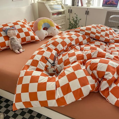 Wellboo Orange White Plaid Comforter Sets Twin Women Girls Light Red Checkerboard Bedding Comforters Cotton Rust Caramel and White Checkered Geometric Quilts Adults Modern Grid Abstract Simple Bed