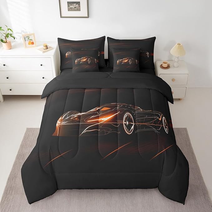 Feelyou Orange Race Car 7 Piece Bedding Set Full Size for Kids Boys Extreme Sport Games Comforter Set with Sheets Teens Toddler Fast and Furious Bed in a Bag Cool Modern Bed Set