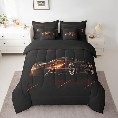 Feelyou Orange Race Car 7 Piece Bedding Set Full Size for Kids Boys Extreme Sport Games Comforter Set with Sheets Teens Toddler Fast and Furious Bed in a Bag Cool Modern Bed Set