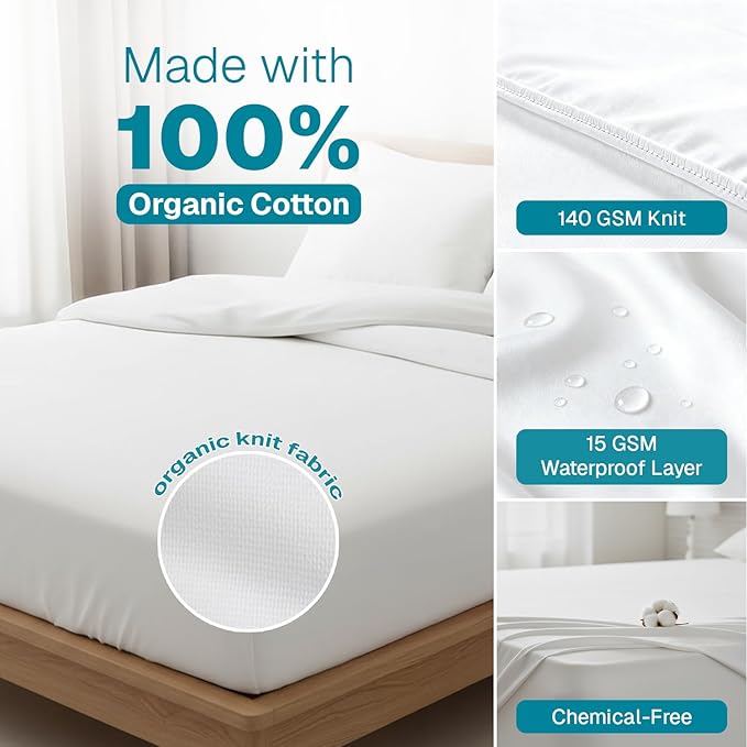 Fabdreams Organic Twin XL Size Waterproof Mattress Protector, 39" x 82", White, Temperature Regulating, Breathable, 100% Organic Cotton