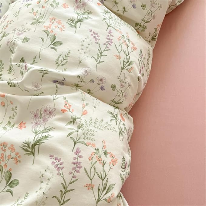 Floral Duvet Cover Queen Size Green Floral On White Bedding Set 3Pcs Spring Romantic Garden Botanical Reversible Cottagecore Comforter Cover with Zipper Closure and 2 Pillowcases