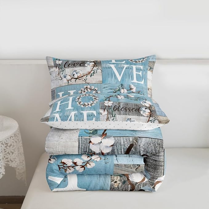 Rustic Farmhouse Comforter Set Queen Size Blue White Patchwork Wooden Board Quilt Set Cotton Flowers Bedding Set for Kids Women Youth Family Home Decor Botanical Floral Duvet Insert 3pcs