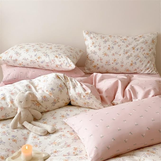 Pink Purple Floral Duvet Cover Queen Size Botanical Romantic Flower Bedding Set Kids Boys Girls Spring Aesthetic Garden Style Reversible Soft Breathable Comforter Cover 3Pcs