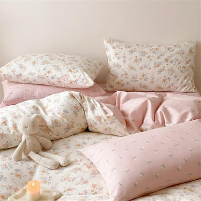 Pink Purple Floral Duvet Cover Queen Size Botanical Romantic Flower Bedding Set Kids Boys Girls Spring Aesthetic Garden Style Reversible Soft Breathable Comforter Cover 3Pcs