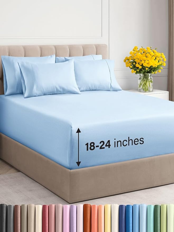Extra Deep Full Sheet Set - 6 Piece Breathable & Cooling Sheets - Hotel Luxury Bed Sheets Set - Easy & Secure Fit - Soft, Wrinkle Free & Comfy Sheets Set - Light Blue Sheet Set with Extra Deep Pockets
