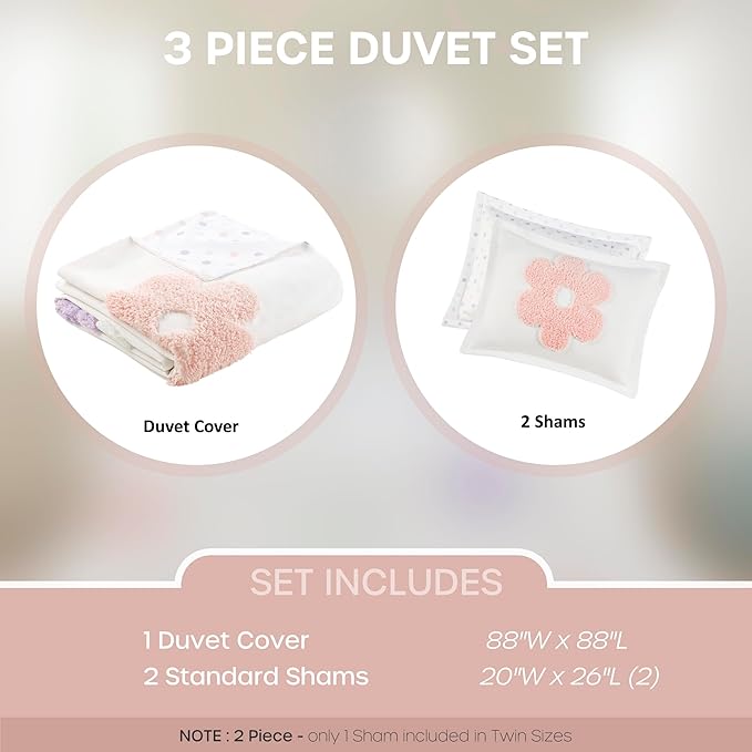 Intelligent Design Kids Full Duvet Cover Set for Girls, Tufted Chenille Floral Duvet Set Queen, Lightweight Polka Dot Reversible Bedding Cover, Gracie, Full/Queen White/Purple 4 Piece
