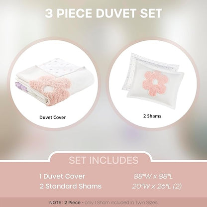 Intelligent Design Kids Full Duvet Cover Set for Girls, Tufted Chenille Floral Duvet Set Queen, Lightweight Polka Dot Reversible Bedding Cover, Gracie, Full/Queen White/Purple 4 Piece