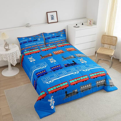 Feelyou Cartoon Car Comforter Set for Kids Boys Girls Vintage Car Comforter Train Bedding Set Decor Retro Steam Train Blue Light Sign Duvet Set King Size Quilt 3Pcs Boys