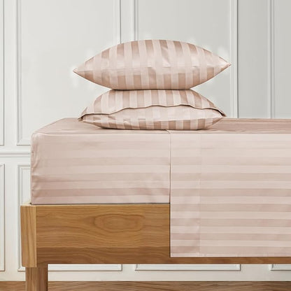 URBANHUT 1000 Thread Count Damask Striped Twin Size Egyptian Cotton Sheets, Long Staple Soft & Breathable, 4 Pc Bed Sheet Sets, Luxury Hotel Sateen Sheets Fits 16" Deep Pocket - Blush Pink
