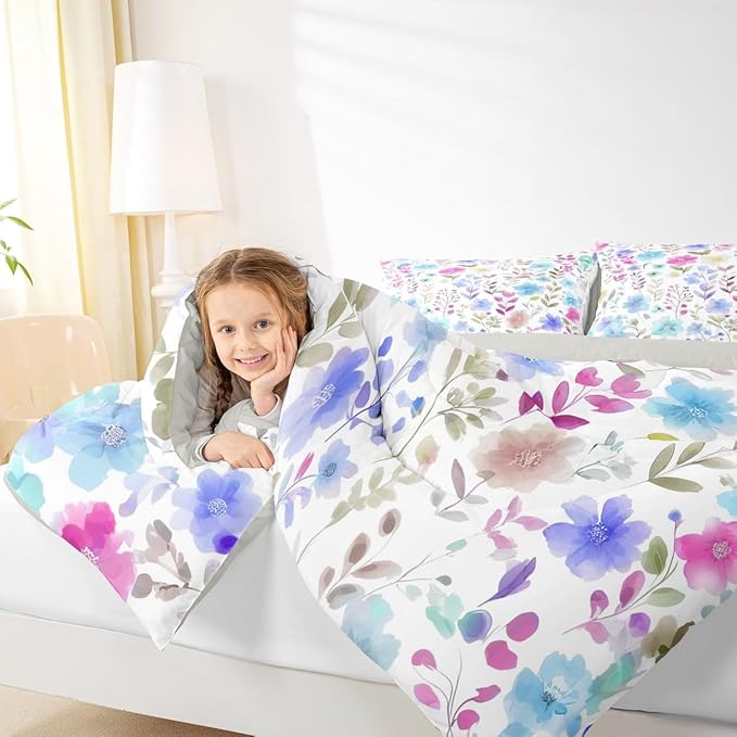 Erosebridal Cute Floral Boho Toddler Bedding Set,Pink and Blue Purple Flower Comforter Set for Kids Girls,Farmhouse Spring Flowers Bed Set,Colorful Wildflower Room Decor,1 Pillowcase Breathable