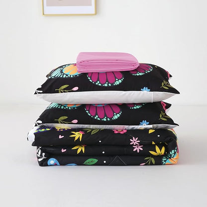 Girls Butterfly Comforter Set Twin Size Colorful Flowers Leaves Bedding Set for Kids Teens Black 7 Piece Bed in A Bag Super Soft All Season