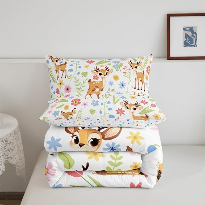 jejeloiu Cute Sika Deer Bedding Set Twin Size Cute Flower Comforter Set for Kids Adult Boys Girls Cartoon Animal Duvet Set Colorful Quilt Set 2Pcs
