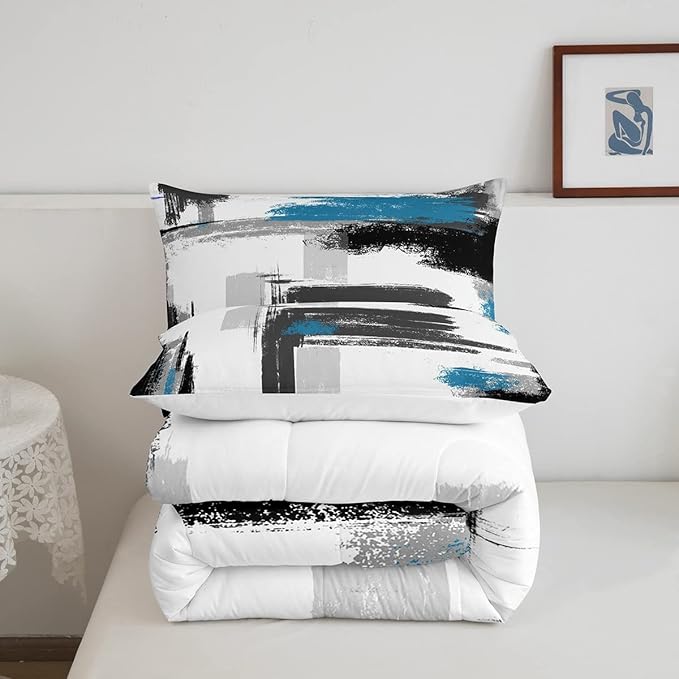 Feelyou Abstract Comforter Modern Abstract Art Comforter Set for Boys Girls Children White Grey Blue Pattern Bedding Set Room Decor Toddler Size Duvet Set 2Pcs
