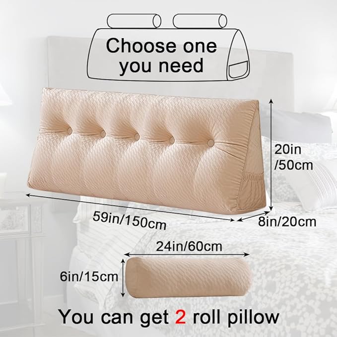 Velvet Triangular Headboard Wedge Pillow With Roll Pillow,Removable Cover Headboard Pillow Daybed Bunk Bed,Backrest Positioning Support Pillow Resting Reading Relaxing (Beige, Queen(59 * 20 * 8in))