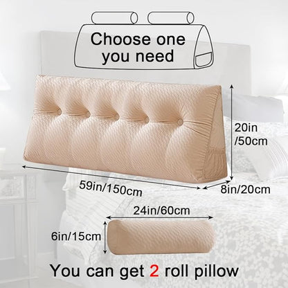 Velvet Triangular Headboard Wedge Pillow With Roll Pillow,Removable Cover Headboard Pillow Daybed Bunk Bed,Backrest Positioning Support Pillow Resting Reading Relaxing (Beige, Queen(59 * 20 * 8in))
