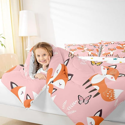 Erosebridal Kids Cartoon Fox Bedding Set Queen Size,Multicolor Butterfly Comforter Set Boys Girls Woodland Fox Quilt Duvet Teens Wildlife Animal Down Comforter with 2 Pillow Shams,3Pcs Pink Orange