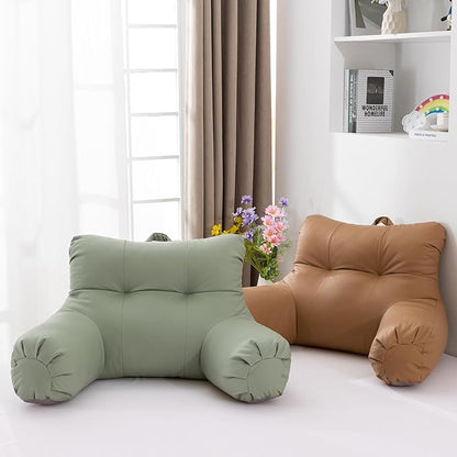 A Nice Night Faux Leather Reading Pillow for All Season,Wedge Bedrest Pillow Backrest with Arms Back Support for Sitting Up in Bed/Couch,Coral