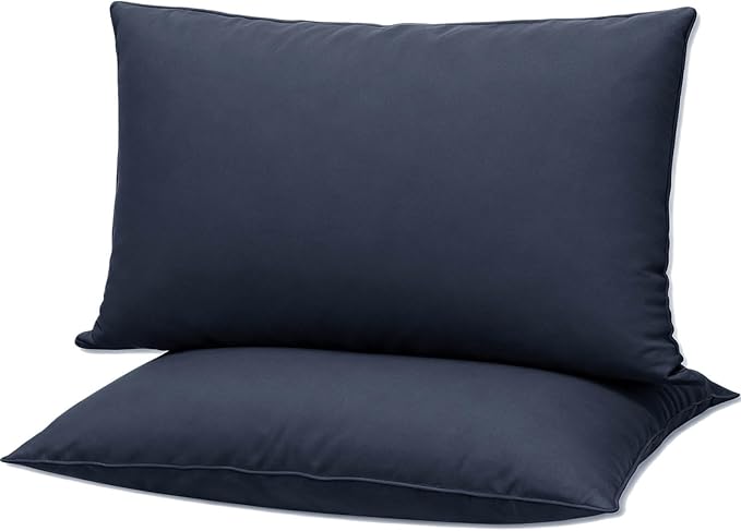 Flat Ultra Thin Bed Pillows Standard Size Pillow Set of 2 Extra Soft Down Alternative for Stomach Side Back Sleeper Dark Blue 20x26inches