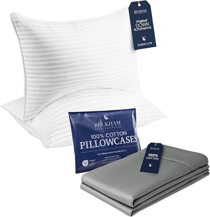 Beckham Hotel Collection Bed Pillows with Cotton Pillowcases Queen Size Sets of 2, Soft Down Alternative Pillows for Sleeping, Open End Cases for Easy Changing, Dark Gray