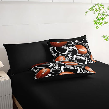 Cartoon Rugby Comforter Set 7Pcs Sports Brown Rugby American Football Bedding Set for Kid Teen Girl Boy Black White Rugby Quilt Bed Decor Twin with 2 Sheets,2 Pillowcases,2 Throw Pillow Covers