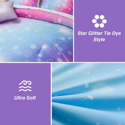 A Nice Night 6Pcs Gradient Glitter Bedding Set for Girls Full Size, Colorful Rainbow Galaxy Comforter Set, Ultra Soft Bedding Sets, Purple