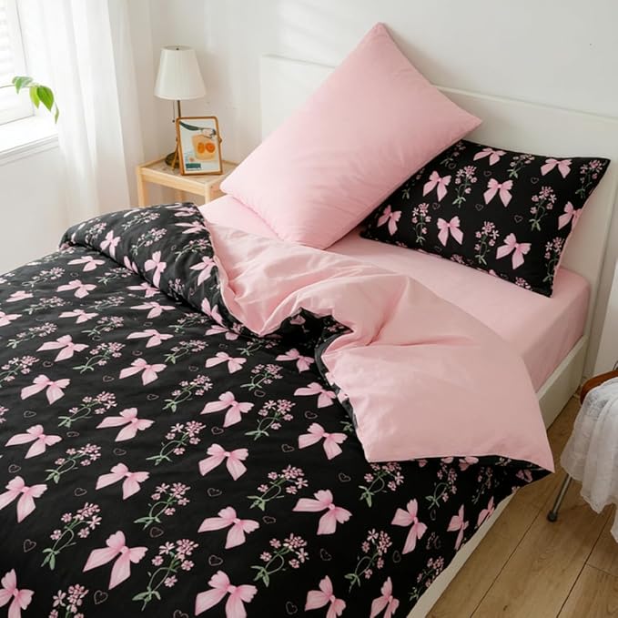 Full Duvet Cover 3Pcs Black Pink Bow Bedding Set for Girls Kids, Cute Floral Bowknot Design, Super Soft 100% Microfiber Comforter Cover (2 Pillowcases, No Comforter)