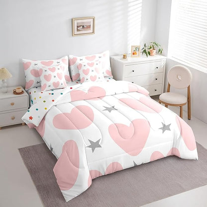 Feelyou Girls Cute Love Heart Comforter Set with Sheets 7 Piece Full Size Kids Lovely Warm Sweet Bed in a Bag Star Love Heart Pattern Bedding Set Breathable Romantic Pink Grey Bed Set Room Decor