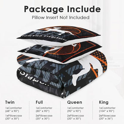 Twin Size Comforter Set with Pillowcase, Basketball Sport Soft 2 Pcs Bedding for Kids and Adults, Bed Decor Urban Comforter Set for Room Bedroom