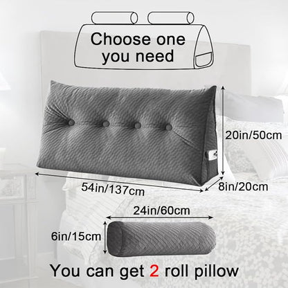 Velvet Triangular Headboard Wedge Pillow With Roll Pillow,Removable Cover Headboard Pillow Daybed Bunk Bed,Backrest Positioning Support Pillow Resting Reading Relaxing (Grey, Full(54 * 20 * 8in))