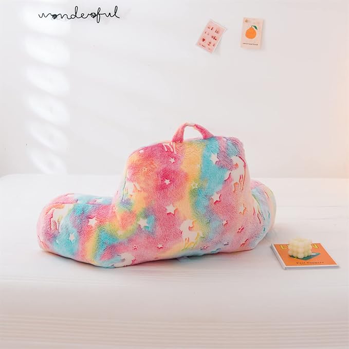 Aimuan Reading Pillow Glow in The Dark Bed Rest Wedge Kids Glow Backrest Pillow Unicorn Print with Arms Back Support for Sitting Up in Bed Cushion, Rainbow