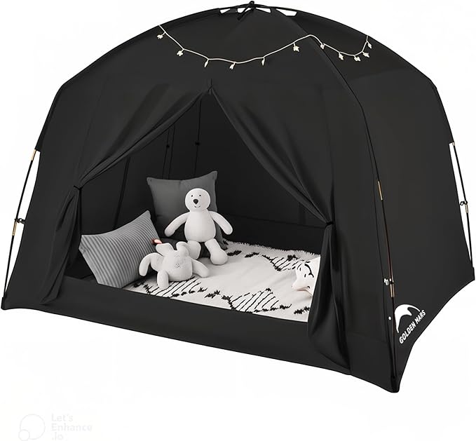 Bed Tents for Kids and Adult, Portable 100% Breathable and 93% Blackout Toddler Toddler Dream Paly Tent, 3 Doors Privacy Space Sleeping Canopy for Floor or Twin Full Queen Sizes Bed (Black, Full-Size)