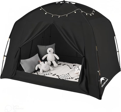 Bed Tents for Kids and Adult, Portable 100% Breathable and 93% Blackout Toddler Toddler Dream Paly Tent, 3 Doors Privacy Space Sleeping Canopy for Floor or Twin Full Queen Sizes Bed (Black, Full-Size)