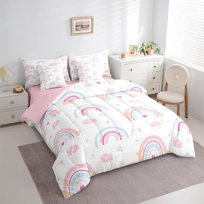 Feelyou Cute Rainbow 7 Piece Bedding Set Pink Blue Comforter Set with Sheets for Kids Boys Girls Star Print Bed in a Bag Cartoon Cute Bed Set Soft Lightweight