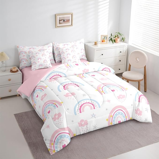 Feelyou Cute Rainbow 7 Piece Bedding Set Pink Blue Comforter Set with Sheets for Kids Boys Girls Star Print Bed in a Bag Cartoon Cute Bed Set Soft Lightweight